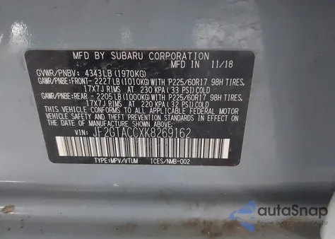 2019 Subaru Crosstrek 2.0I Premium z USA, uszkodzony, nr VIN JF2GTACCXK8269162